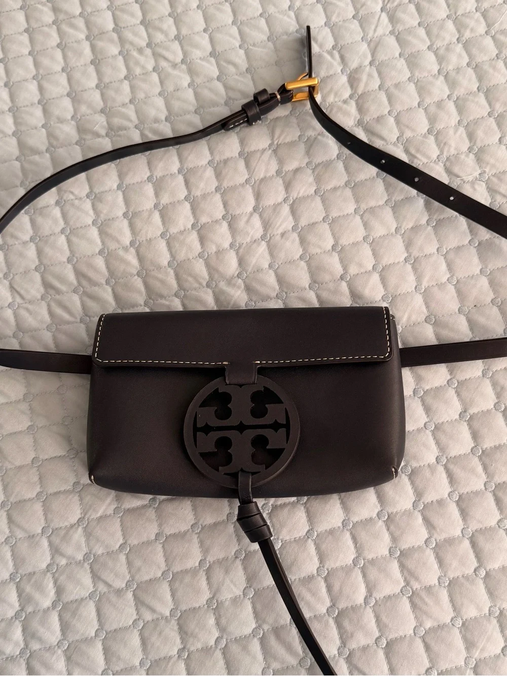 Tory Burch Navy Blue Leather Belt/Crossbody Bag with Logo Medallion